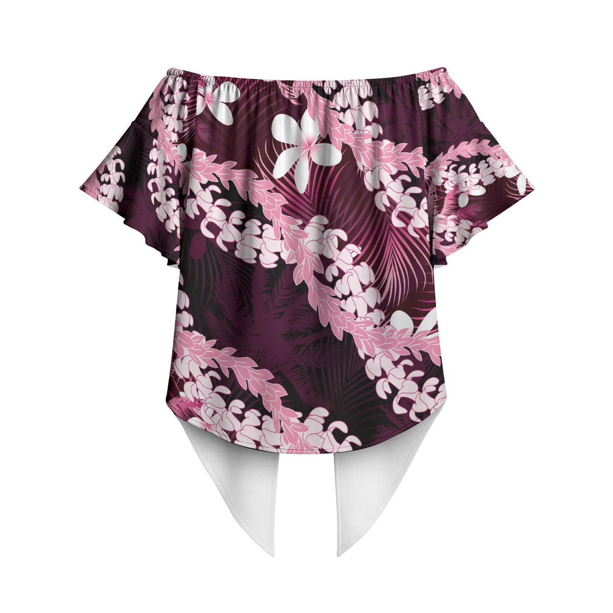 Puakenikeni Maile Lei Off Shoulder Wrap Waist Top Frangipani Pink Tropical Leaves LT01 - Polynesian Pride