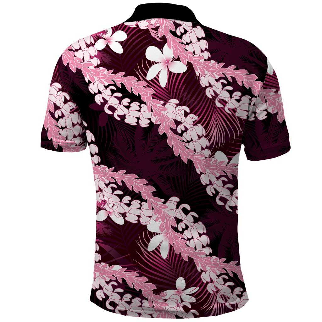 Puakenikeni Maile Lei Polo Shirt Frangipani Pink Tropical Leaves