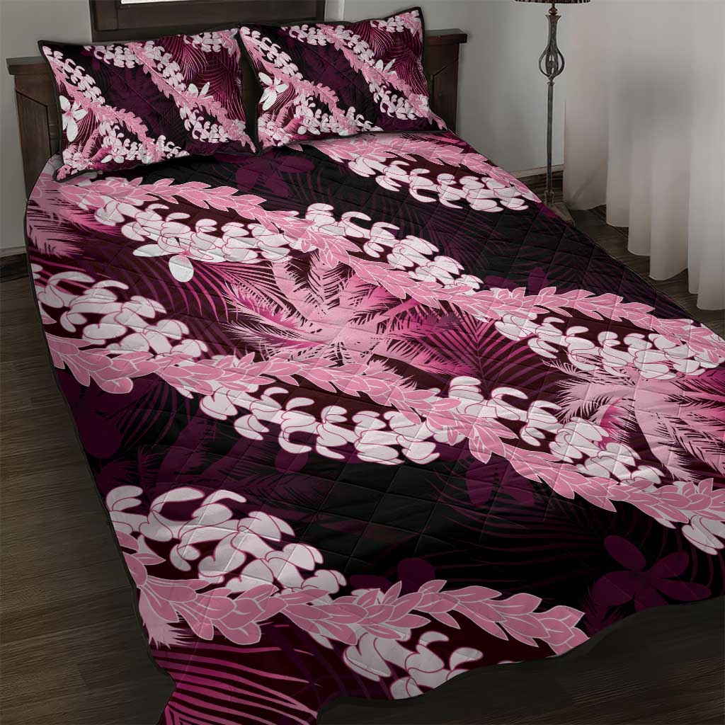 Puakenikeni Maile Lei Quilt Bed Set Frangipani Pink Tropical Leaves