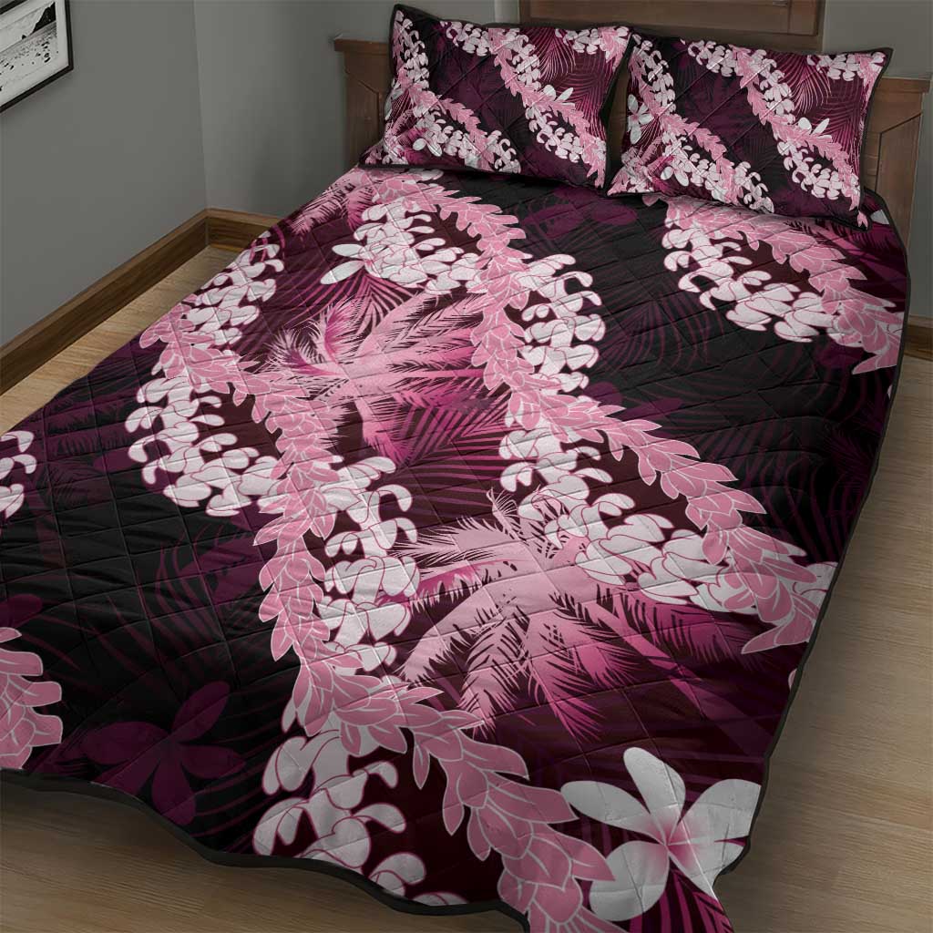 Puakenikeni Maile Lei Quilt Bed Set Frangipani Pink Tropical Leaves