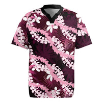 Puakenikeni Maile Lei Rugby Jersey Frangipani Pink Tropical Leaves