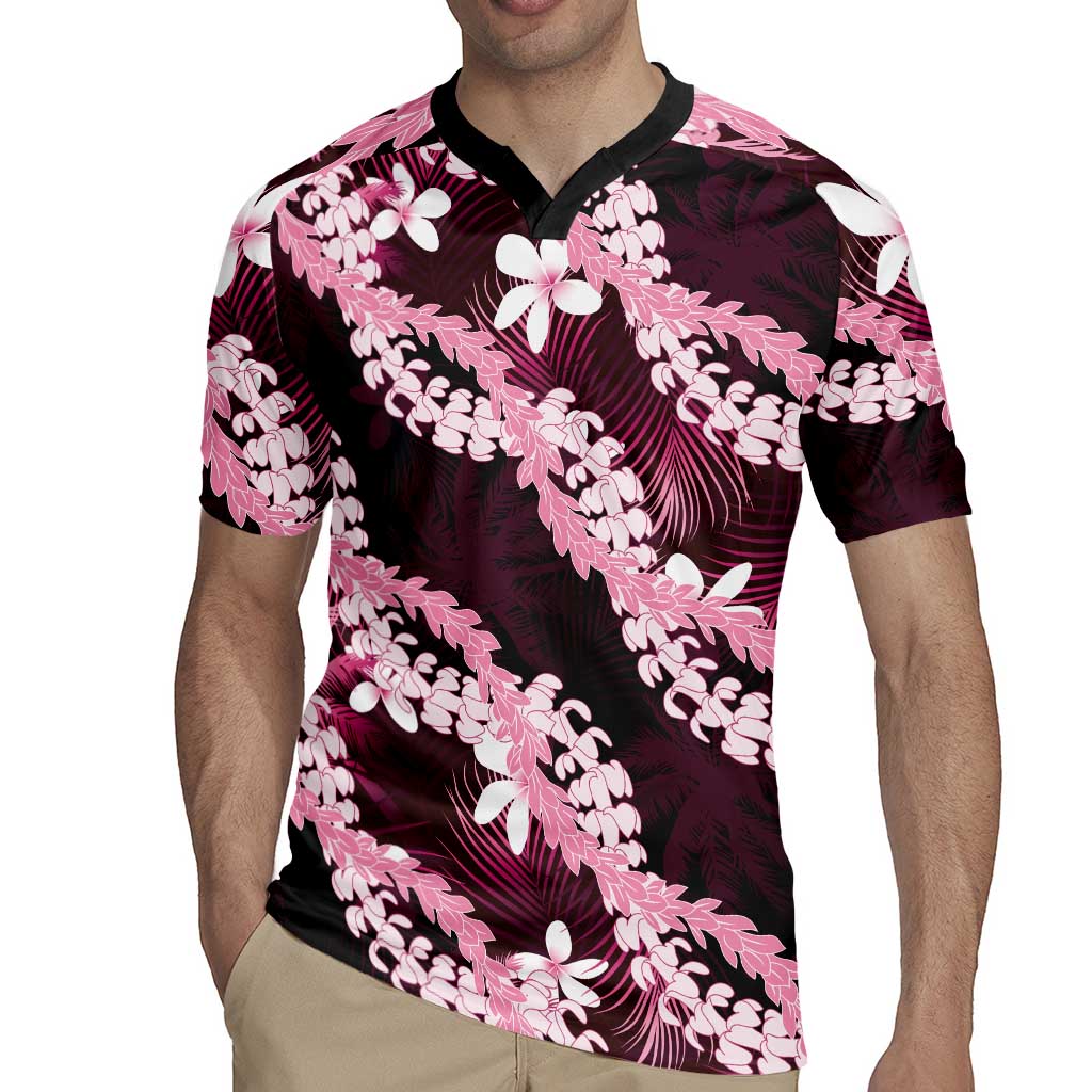 Puakenikeni Maile Lei Rugby Jersey Frangipani Pink Tropical Leaves