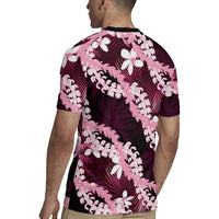 Puakenikeni Maile Lei Rugby Jersey Frangipani Pink Tropical Leaves