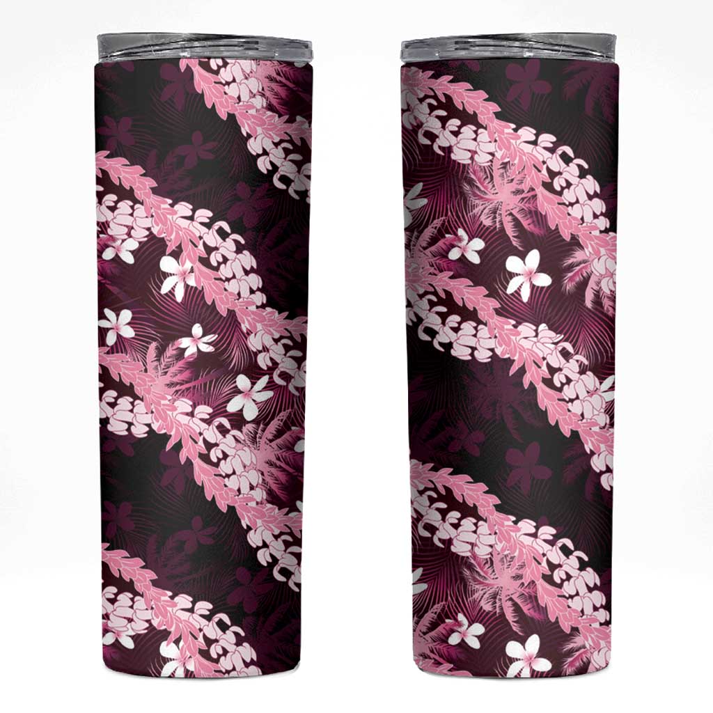 Puakenikeni Maile Lei Skinny Tumbler Frangipani Pink Tropical Leaves