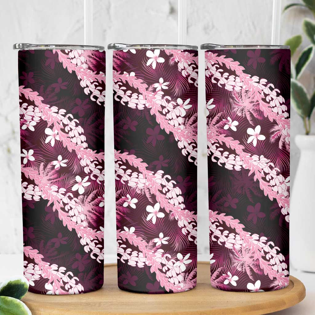 Puakenikeni Maile Lei Skinny Tumbler Frangipani Pink Tropical Leaves LT01 - Polynesian Pride