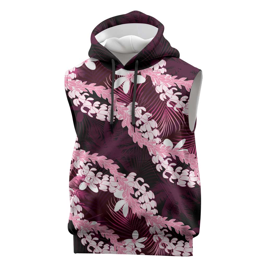 Puakenikeni Maile Lei Sleeveless Hoodie Frangipani Pink Tropical Leaves