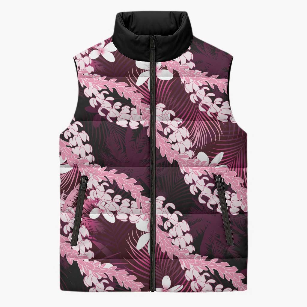Puakenikeni Maile Lei Sleeveless Puffer Jacket Frangipani Pink Tropical Leaves
