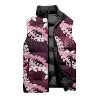 Puakenikeni Maile Lei Sleeveless Puffer Jacket Frangipani Pink Tropical Leaves