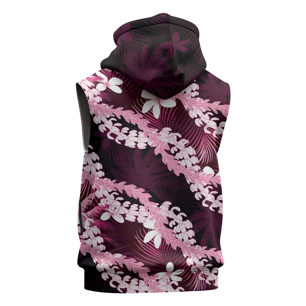 Puakenikeni Maile Lei Sleeveless Zip Hoodie Frangipani Pink Tropical Leaves