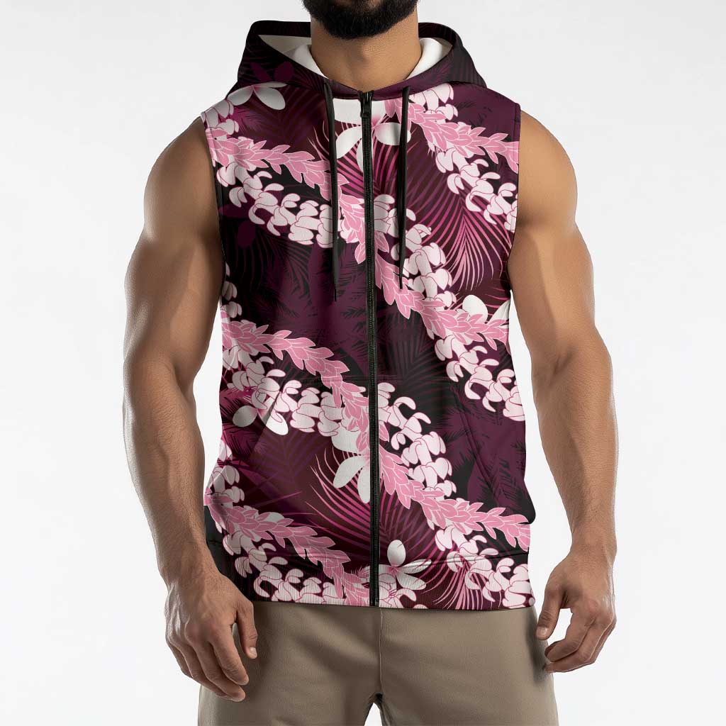 Puakenikeni Maile Lei Sleeveless Zip Hoodie Frangipani Pink Tropical Leaves
