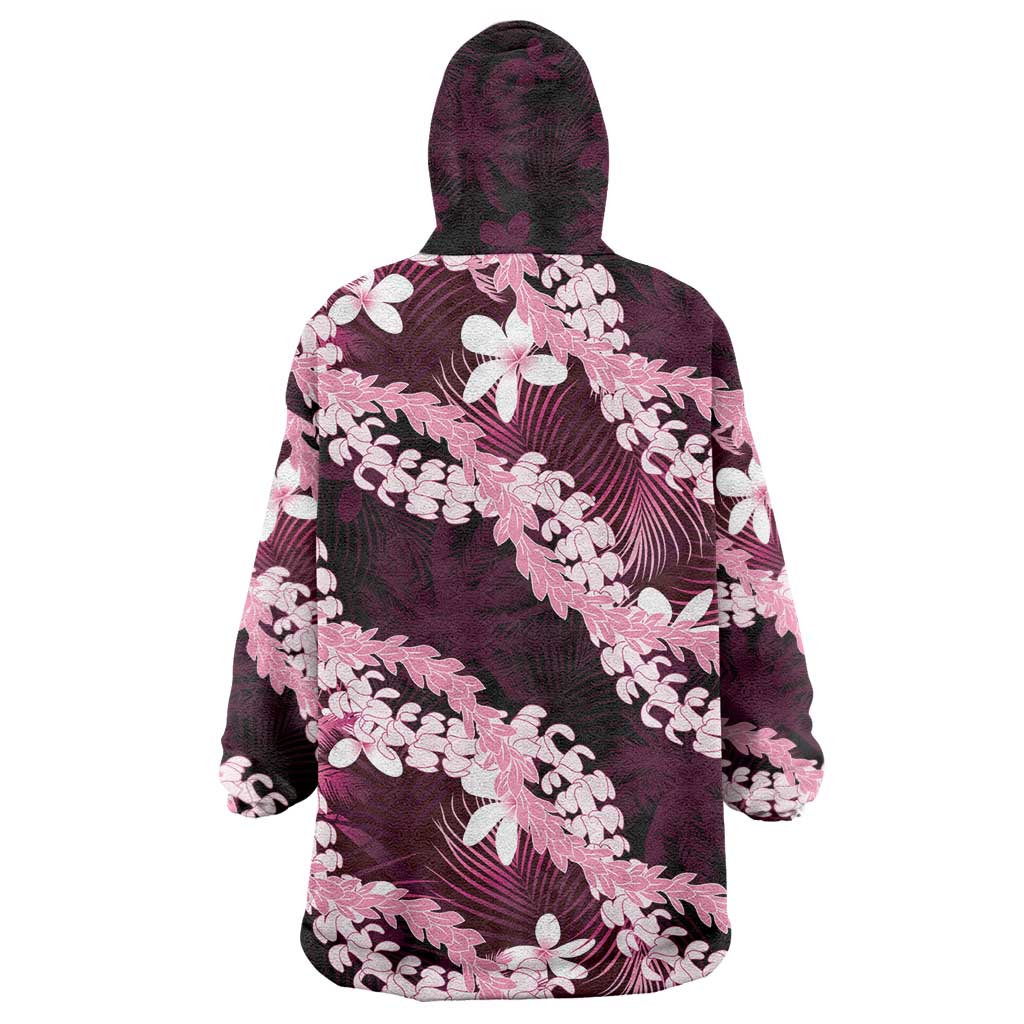 Puakenikeni Maile Lei Wearable Blanket Hoodie Frangipani Pink Tropical Leaves