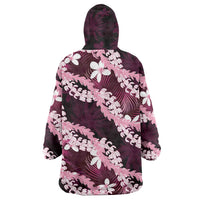 Puakenikeni Maile Lei Wearable Blanket Hoodie Frangipani Pink Tropical Leaves