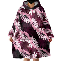 Puakenikeni Maile Lei Wearable Blanket Hoodie Frangipani Pink Tropical Leaves