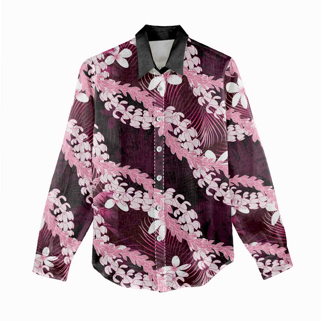 Puakenikeni Maile Lei Women Casual Shirt Frangipani Pink Tropical Leaves
