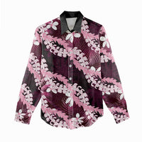 Puakenikeni Maile Lei Women Casual Shirt Frangipani Pink Tropical Leaves