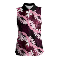 Puakenikeni Maile Lei Women Sleeveless Polo Shirt Frangipani Pink Tropical Leaves LT01 Female Pink - Polynesian Pride