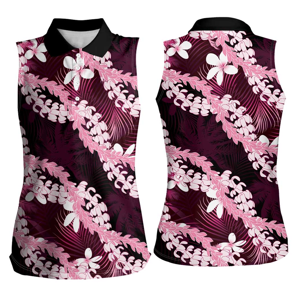 Puakenikeni Maile Lei Women Sleeveless Polo Shirt Frangipani Pink Tropical Leaves LT01 - Polynesian Pride