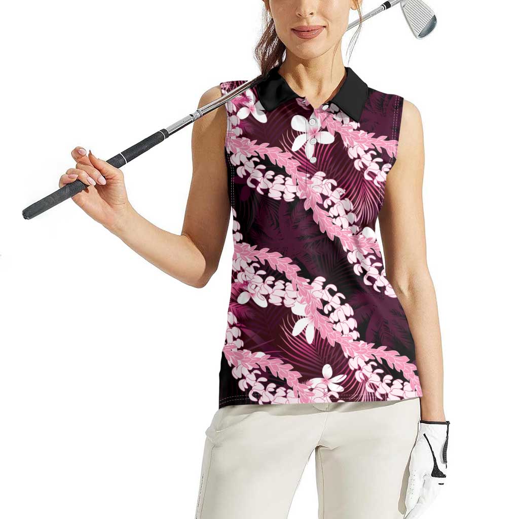 Puakenikeni Maile Lei Women Sleeveless Polo Shirt Frangipani Pink Tropical Leaves LT01 - Polynesian Pride