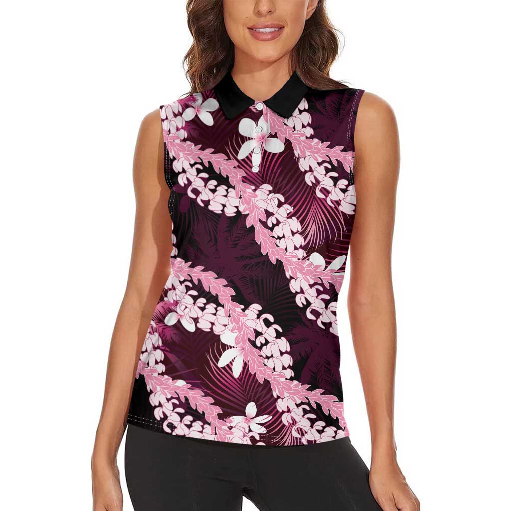 Puakenikeni Maile Lei Women Sleeveless Polo Shirt Frangipani Pink Tropical Leaves LT01 - Polynesian Pride