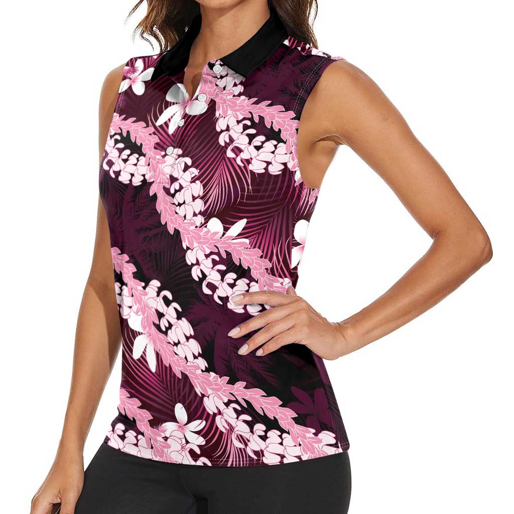 Puakenikeni Maile Lei Women Sleeveless Polo Shirt Frangipani Pink Tropical Leaves LT01 - Polynesian Pride