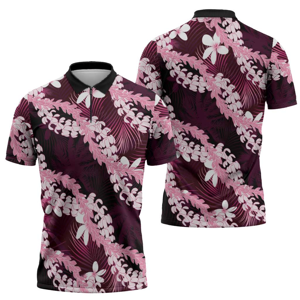 Puakenikeni Maile Lei Zipper Polo Shirt Frangipani Pink Tropical Leaves