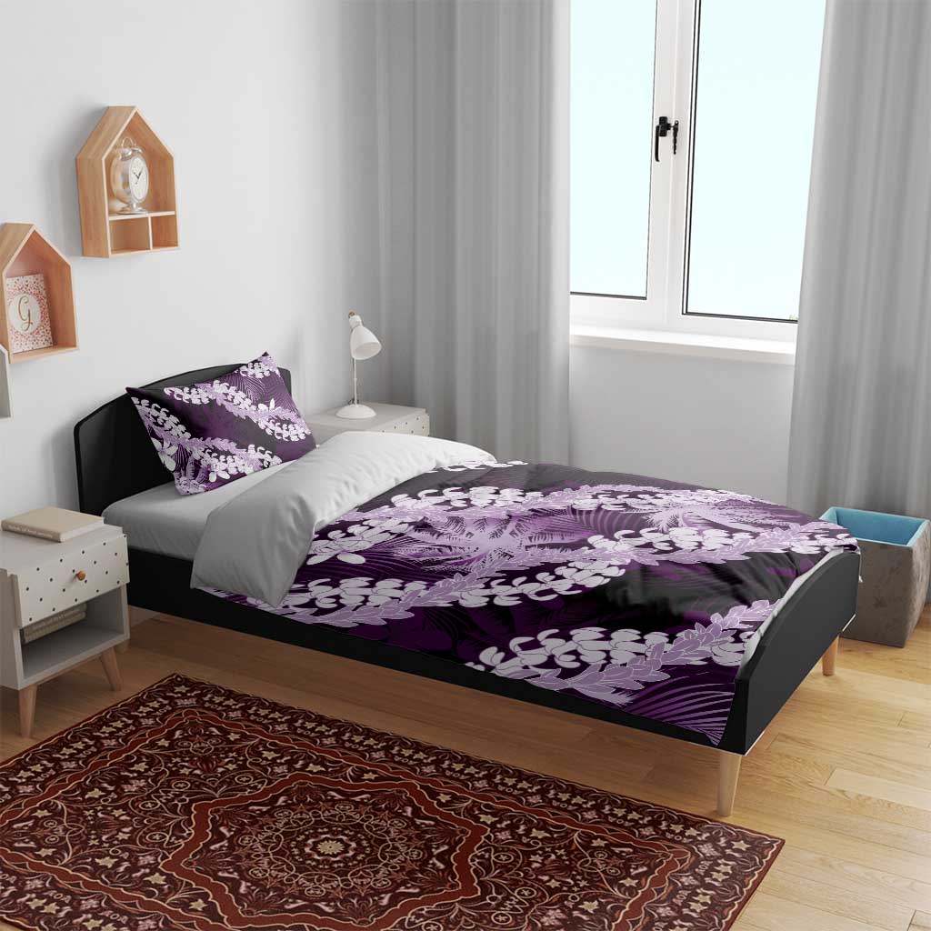 Puakenikeni Maile Lei Bedding Set Frangipani Purple Tropical Leaves
