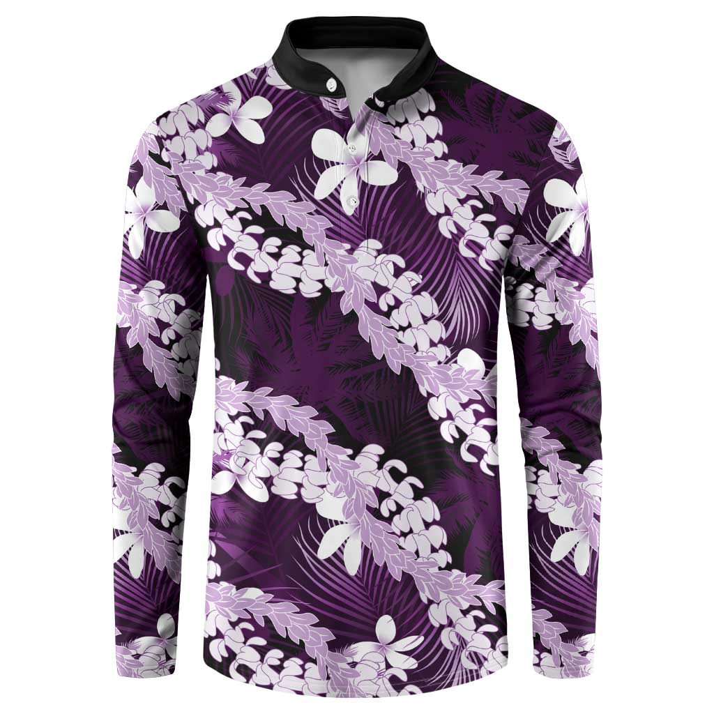 Puakenikeni Maile Lei Button Sweatshirt Frangipani Purple Tropical Leaves