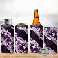 Puakenikeni Maile Lei 4 in 1 Can Cooler Tumbler Frangipani Purple Tropical Leaves