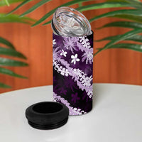 Puakenikeni Maile Lei 4 in 1 Can Cooler Tumbler Frangipani Purple Tropical Leaves