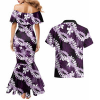 Puakenikeni Maile Lei Couples Matching Mermaid Dress and Hawaiian Shirt Frangipani Purple Tropical Leaves LT01 - Polynesian Pride