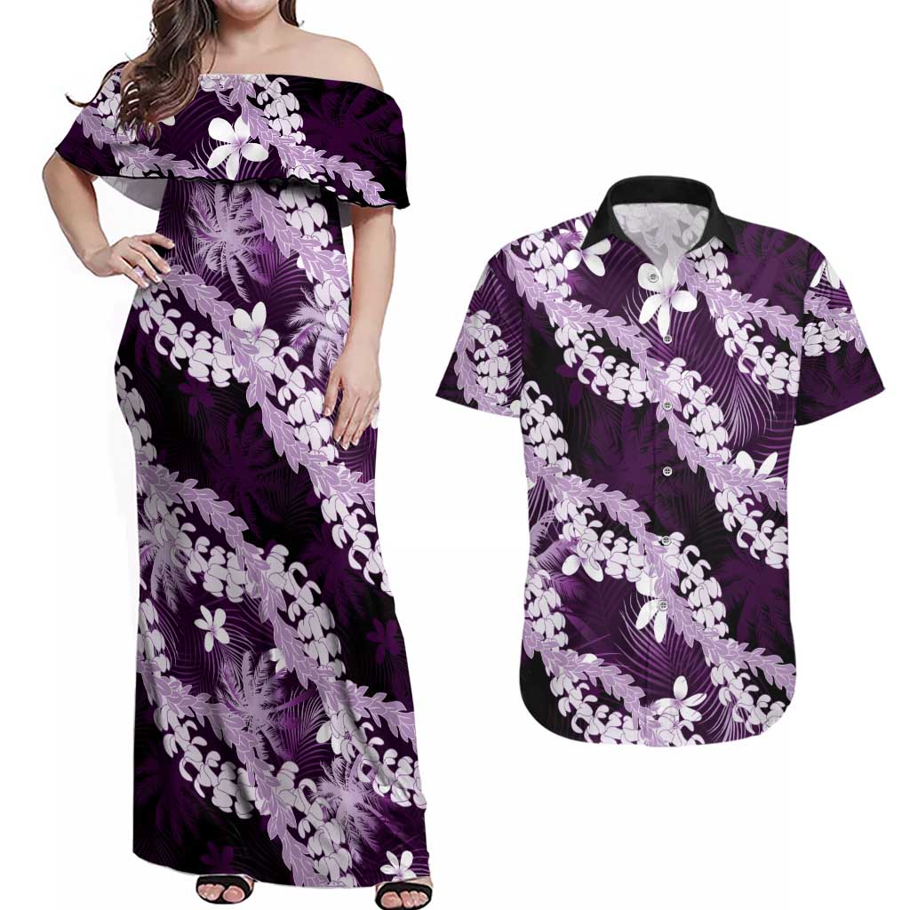 Puakenikeni Maile Lei Couples Matching Off Shoulder Maxi Dress and Hawaiian Shirt Frangipani Purple Tropical Leaves LT01 Purple - Polynesian Pride
