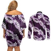 Puakenikeni Maile Lei Couples Matching Off Shoulder Short Dress and Long Sleeve Button Shirt Frangipani Purple Tropical Leaves LT01 - Polynesian Pride