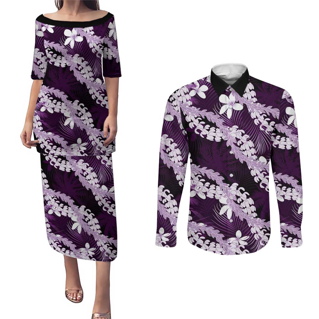 Puakenikeni Maile Lei Couples Matching Puletasi and Long Sleeve Button Shirt Frangipani Purple Tropical Leaves