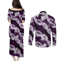 Puakenikeni Maile Lei Couples Matching Puletasi and Long Sleeve Button Shirt Frangipani Purple Tropical Leaves