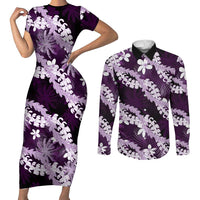 Puakenikeni Maile Lei Couples Matching Short Sleeve Bodycon Dress and Long Sleeve Button Shirt Frangipani Purple Tropical Leaves LT01 Purple - Polynesian Pride