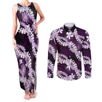 Puakenikeni Maile Lei Couples Matching Tank Maxi Dress and Long Sleeve Button Shirt Frangipani Purple Tropical Leaves LT01 Purple - Polynesian Pride