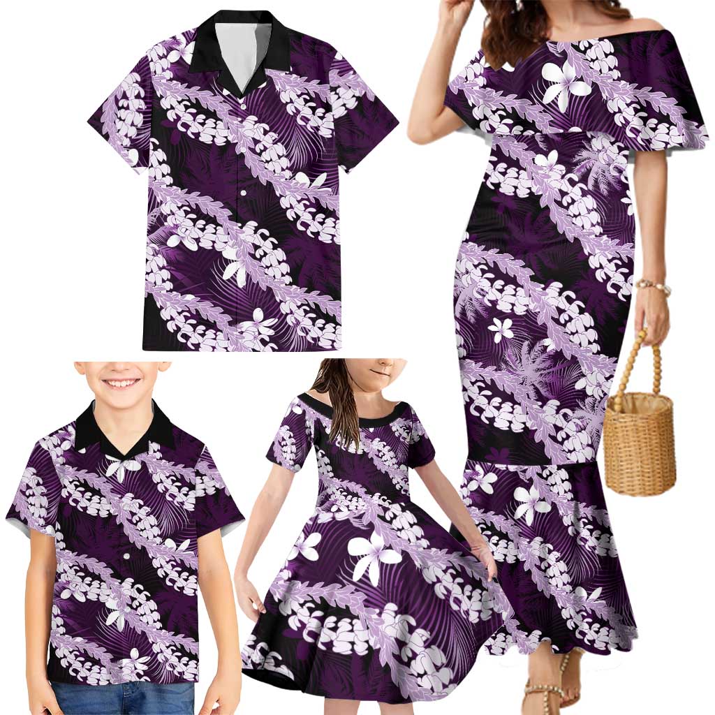 Puakenikeni Maile Lei Family Matching Mermaid Dress and Hawaiian Shirt Frangipani Purple Tropical Leaves