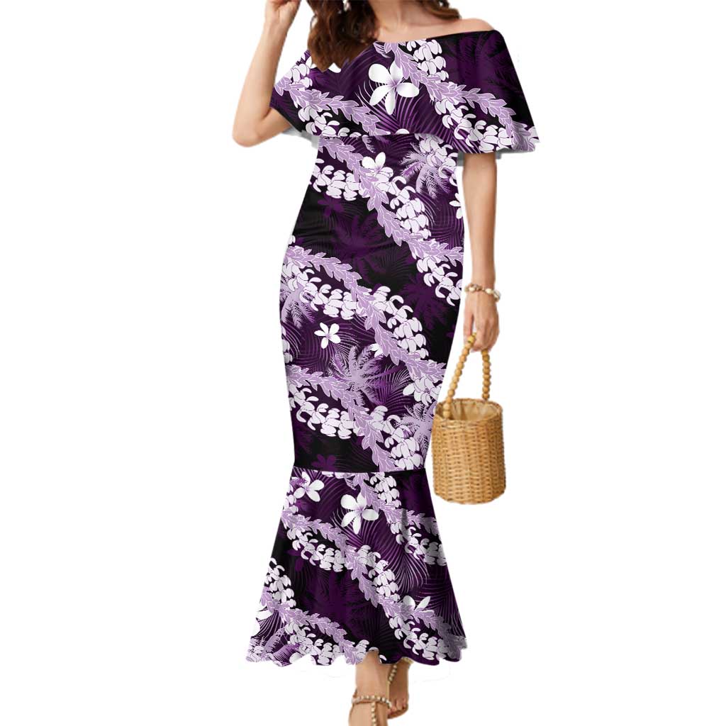 Puakenikeni Maile Lei Family Matching Mermaid Dress and Hawaiian Shirt Frangipani Purple Tropical Leaves LT01 Mom's Dress Purple - Polynesian Pride