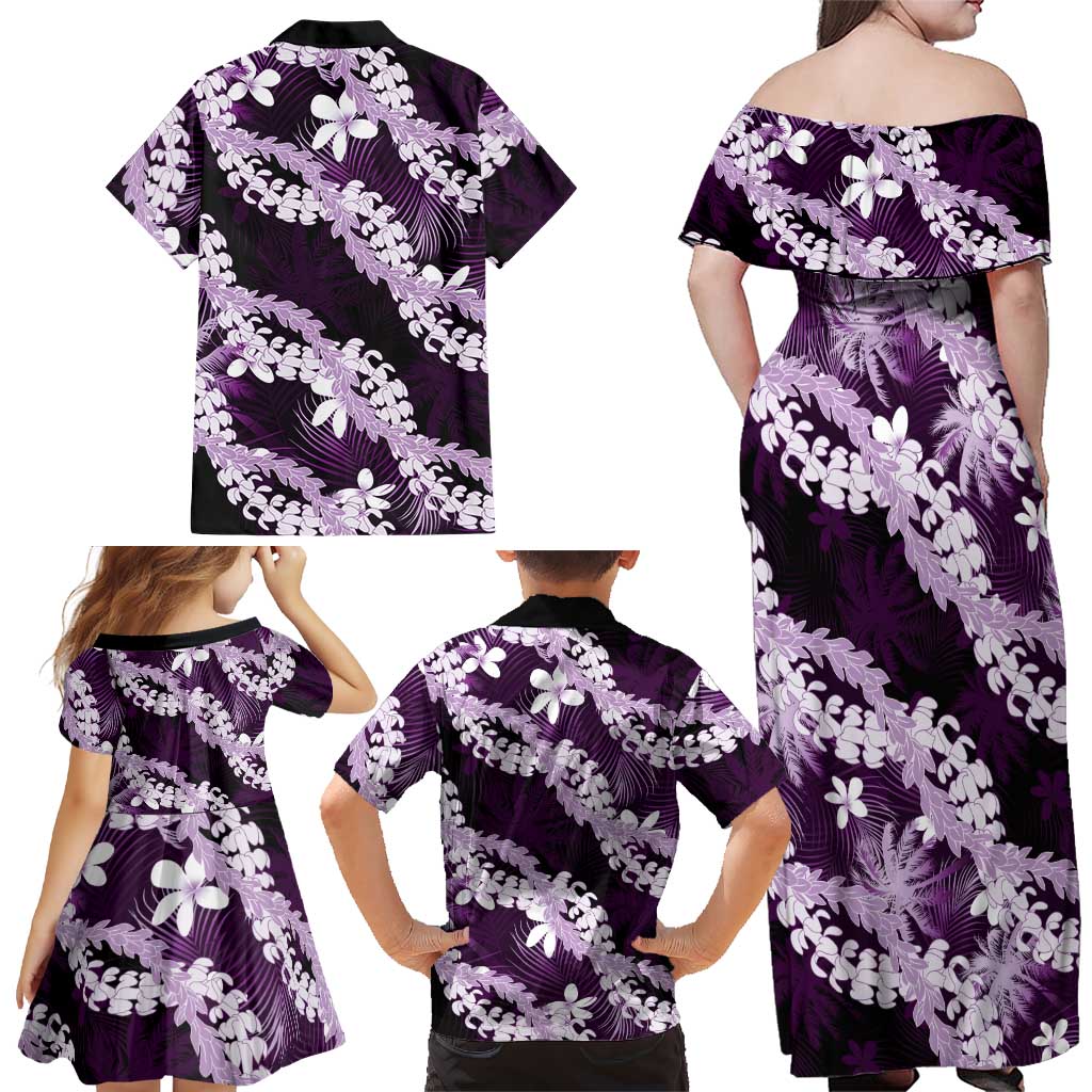 Puakenikeni Maile Lei Family Matching Off Shoulder Maxi Dress and Hawaiian Shirt Frangipani Purple Tropical Leaves LT01 - Polynesian Pride