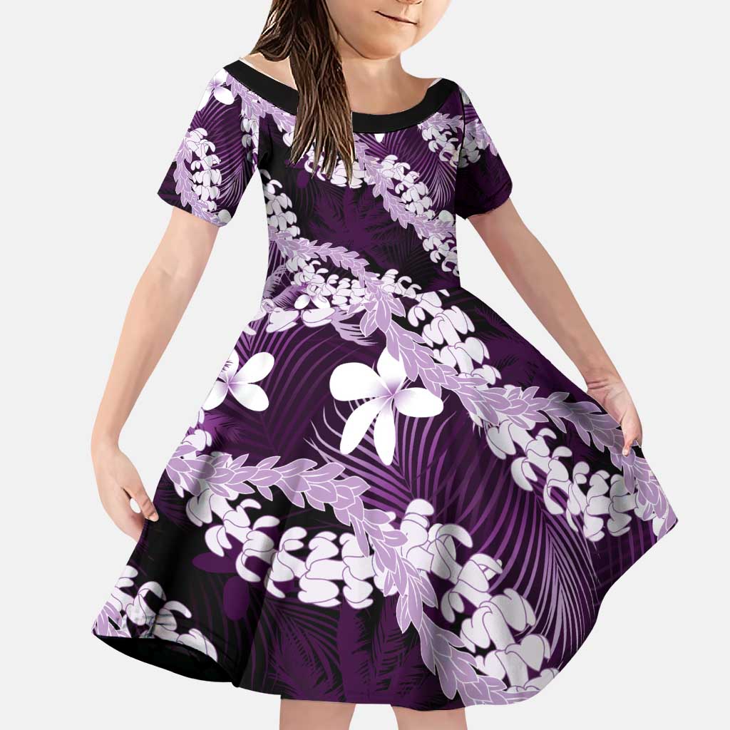 Puakenikeni Maile Lei Family Matching Off Shoulder Short Dress and Hawaiian Shirt Frangipani Purple Tropical Leaves LT01 Daughter's Dress Purple - Polynesian Pride