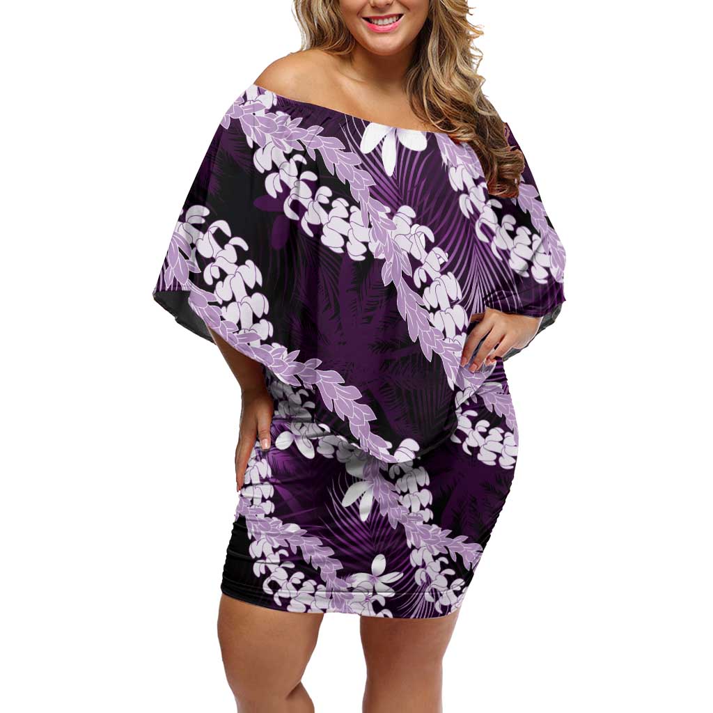 Puakenikeni Maile Lei Family Matching Off Shoulder Short Dress and Hawaiian Shirt Frangipani Purple Tropical Leaves LT01 Mom's Dress Purple - Polynesian Pride