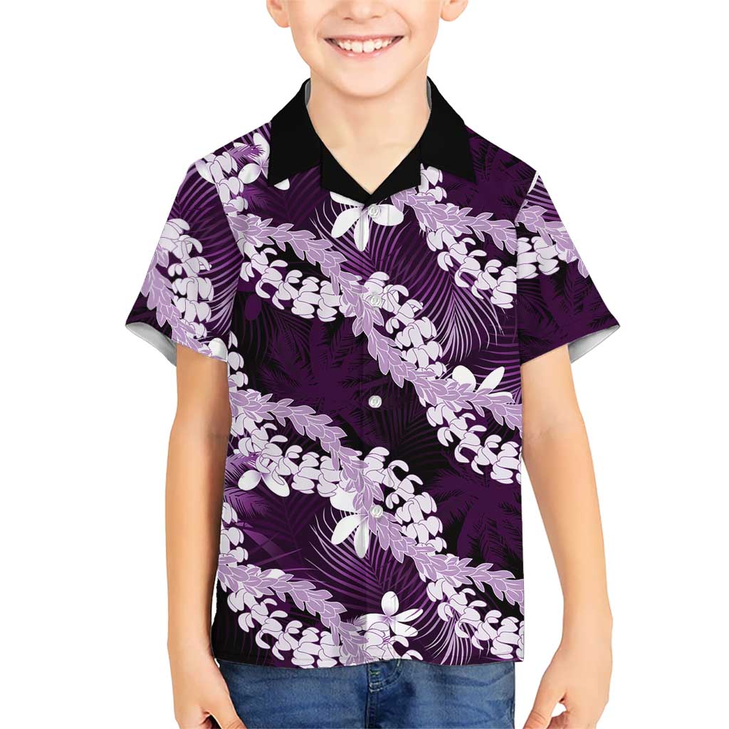 Puakenikeni Maile Lei Family Matching Off Shoulder Short Dress and Hawaiian Shirt Frangipani Purple Tropical Leaves LT01 Son's Shirt Purple - Polynesian Pride