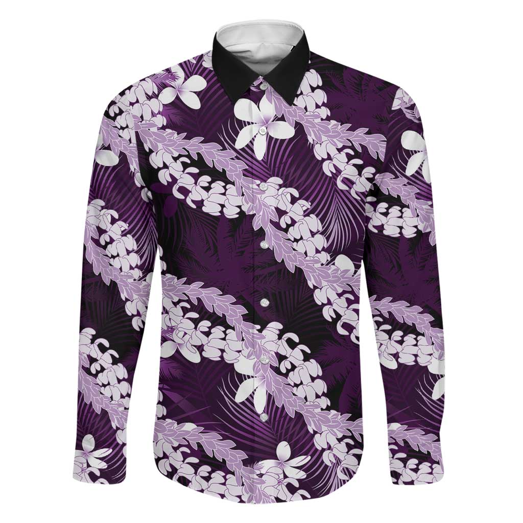 Puakenikeni Maile Lei Family Matching Summer Maxi Dress and Hawaiian Shirt Frangipani Purple Tropical Leaves LT01 Dad's Shirt - Long Sleeve Purple - Polynesian Pride