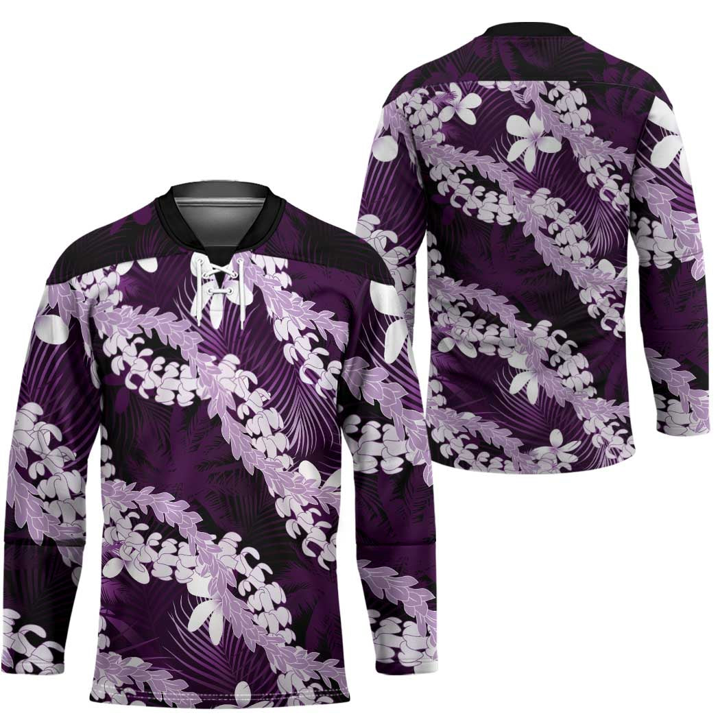 Puakenikeni Maile Lei Hockey Jersey Frangipani Purple Tropical Leaves