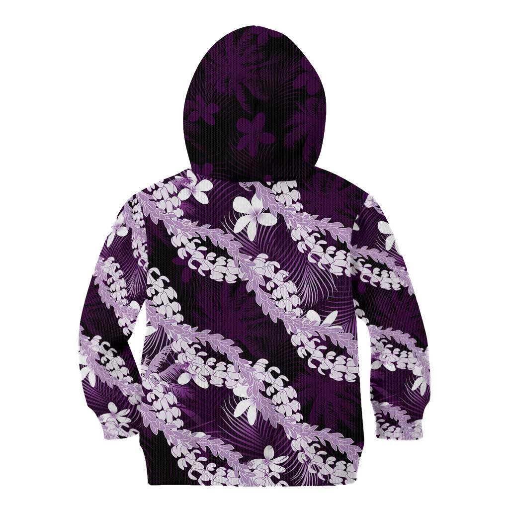 Puakenikeni Maile Lei Kid Hoodie Frangipani Purple Tropical Leaves