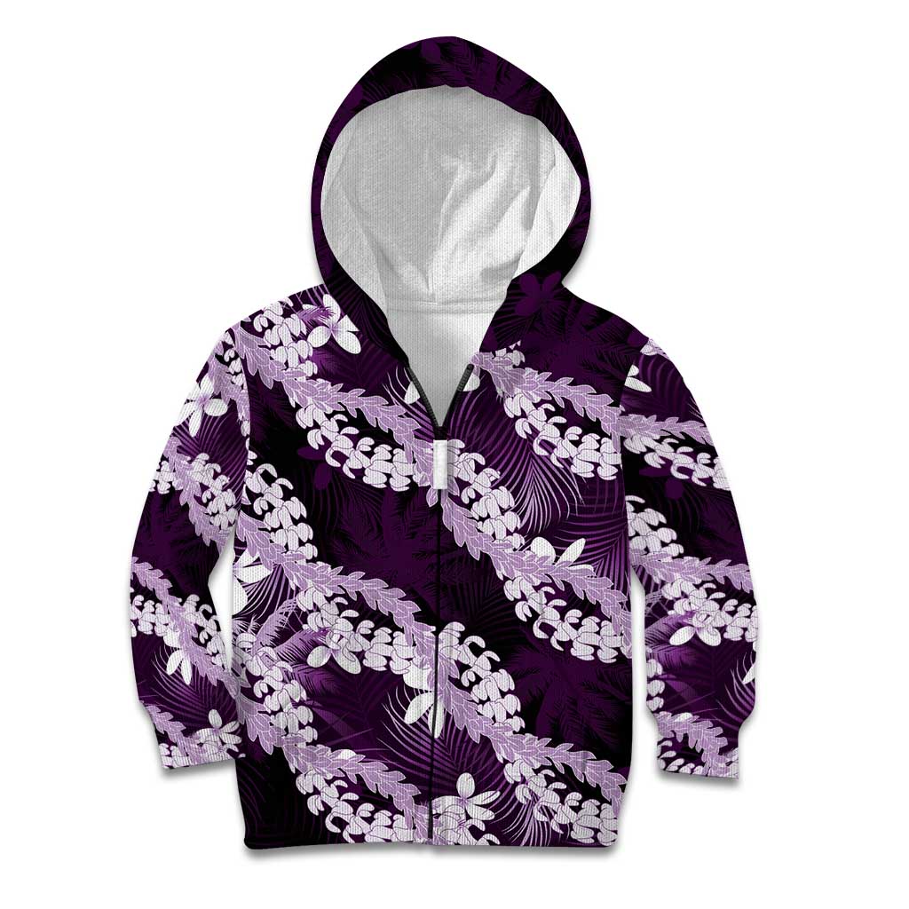 Puakenikeni Maile Lei Kid Hoodie Frangipani Purple Tropical Leaves