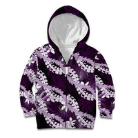 Puakenikeni Maile Lei Kid Hoodie Frangipani Purple Tropical Leaves