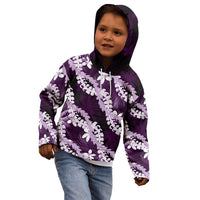 Puakenikeni Maile Lei Kid Hoodie Frangipani Purple Tropical Leaves