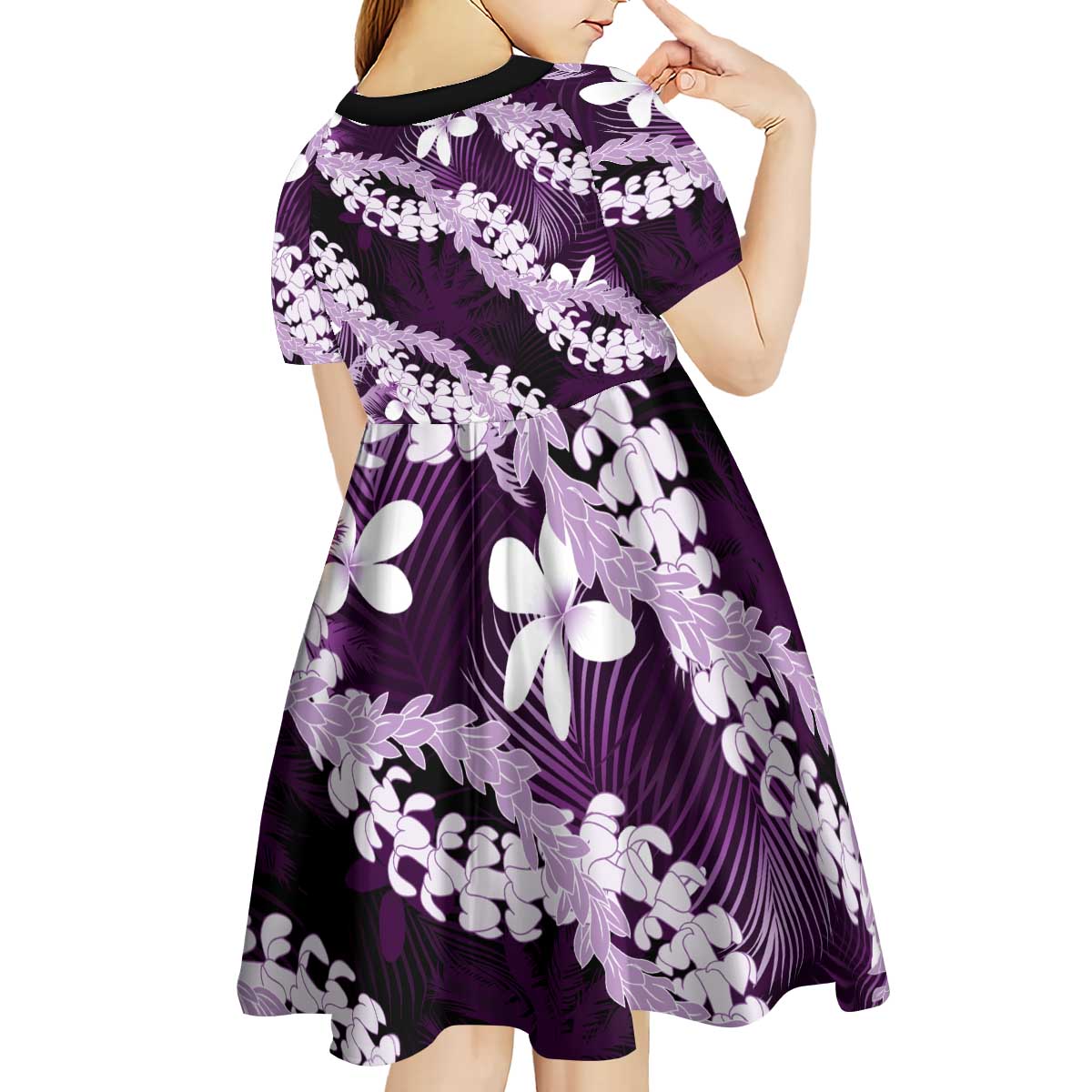 Puakenikeni Maile Lei Kid Short Sleeve Dress Frangipani Purple Tropical Leaves