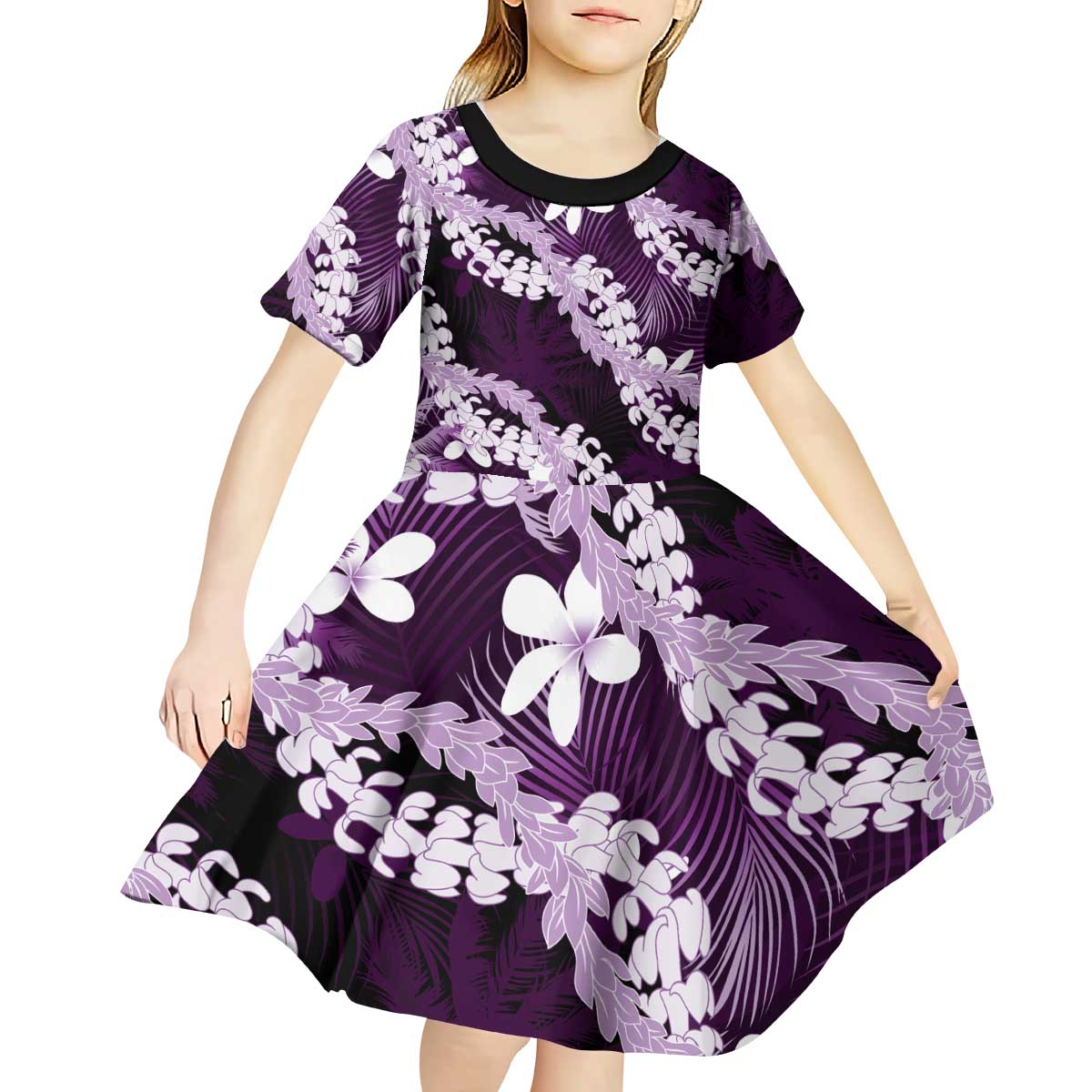 Puakenikeni Maile Lei Kid Short Sleeve Dress Frangipani Purple Tropical Leaves